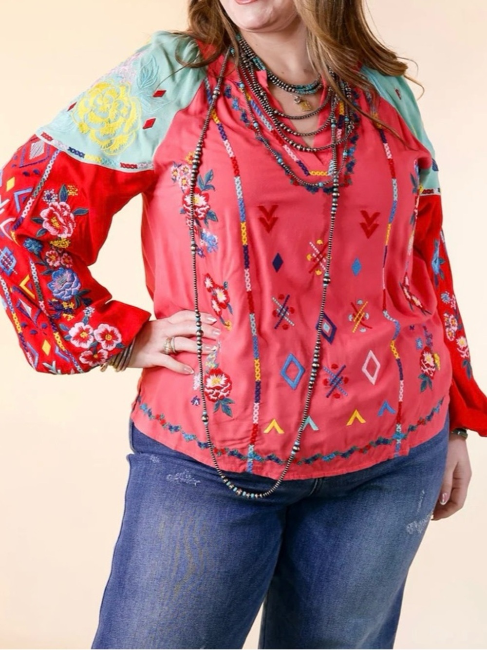 Savanna Jane Pink and Teal Embroidered Long Sleeve Blouse - Size M